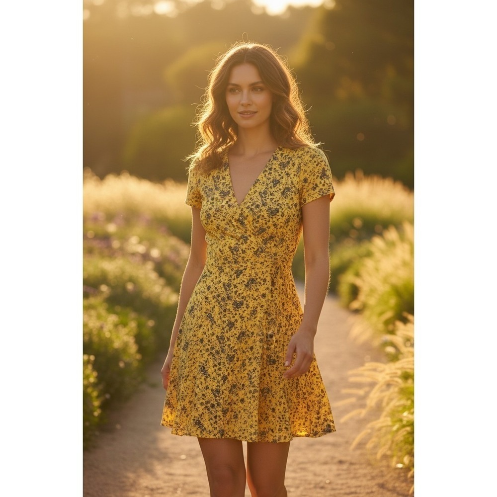 Maison Jules Yellow Floral Midi Dress Short Sleeve V-Neck Size 8